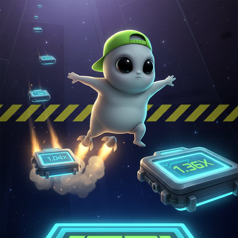 En grå alien med limegrön keps står på en raketdriven plattform i Jumper-demo