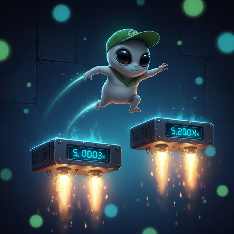 Jumper slot från InOut Games: grå alien med grön keps hoppar mellan metalliska plattformar med raketmotorer i rymden, varje plattform visar cyan-blå multiplikator siffror, sci-fi industriell design med nieteade metallpaneler
